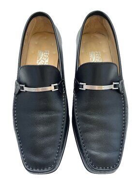 Salvatore Ferragamo Black Leather Metal-Bit Slip-On Loafers
